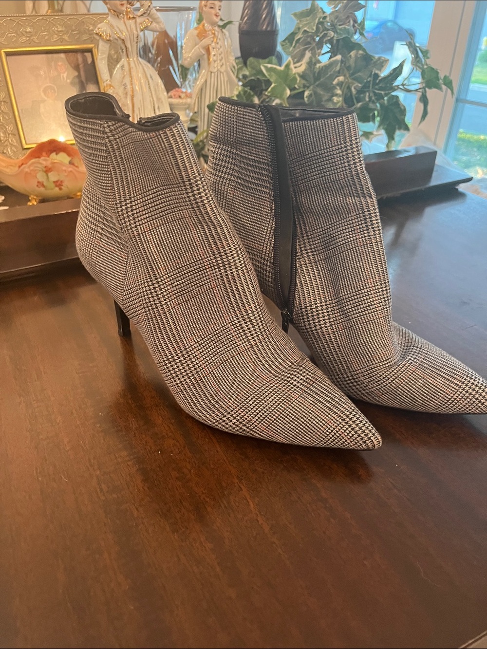 CAbi Black and White Plaid Pointed-Toe Ankle Boots